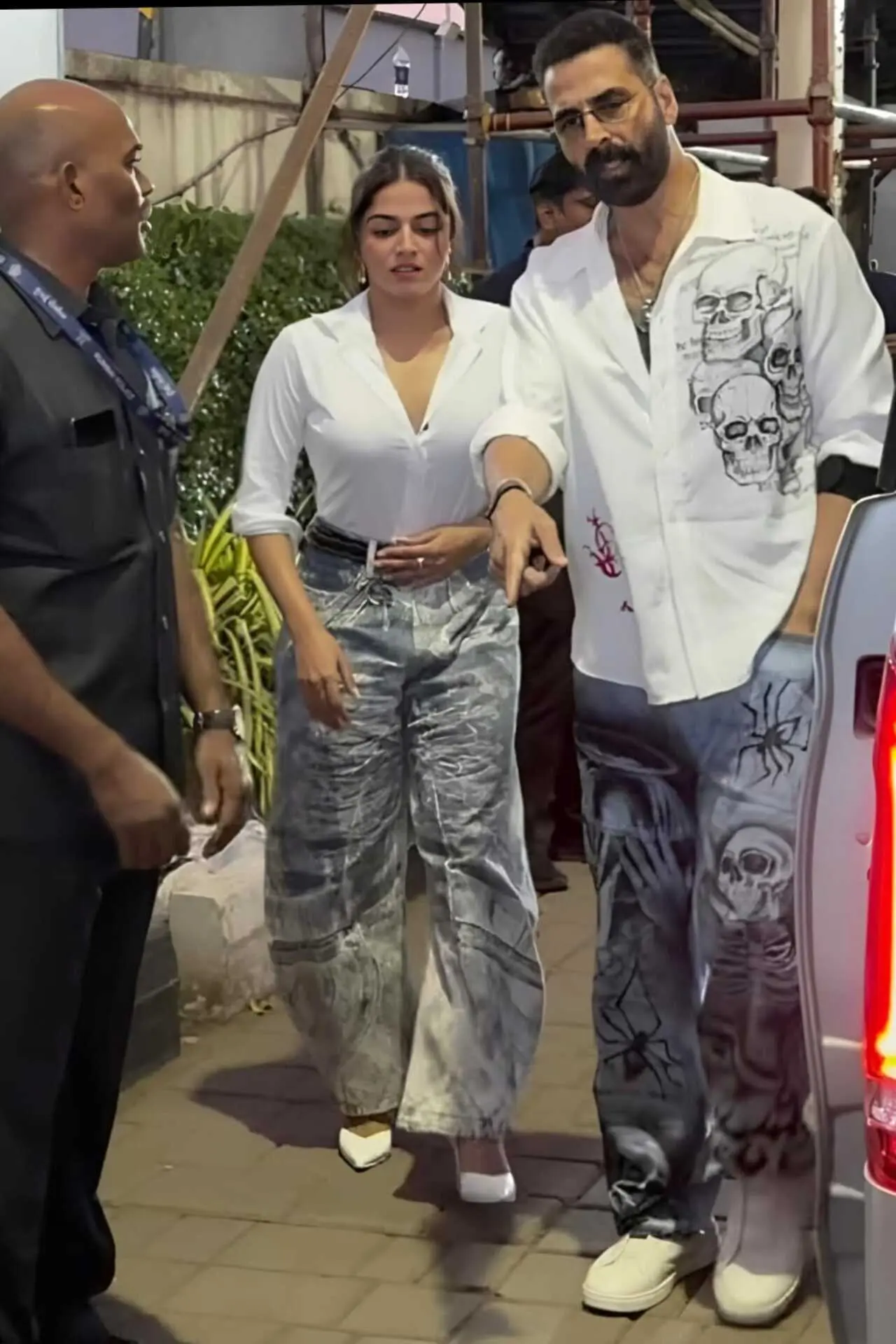 Akshay Kumar was seen twinning in white with Bhooth Bangla co-star Wamiqa Gabbi as they stepped out to promote the film.